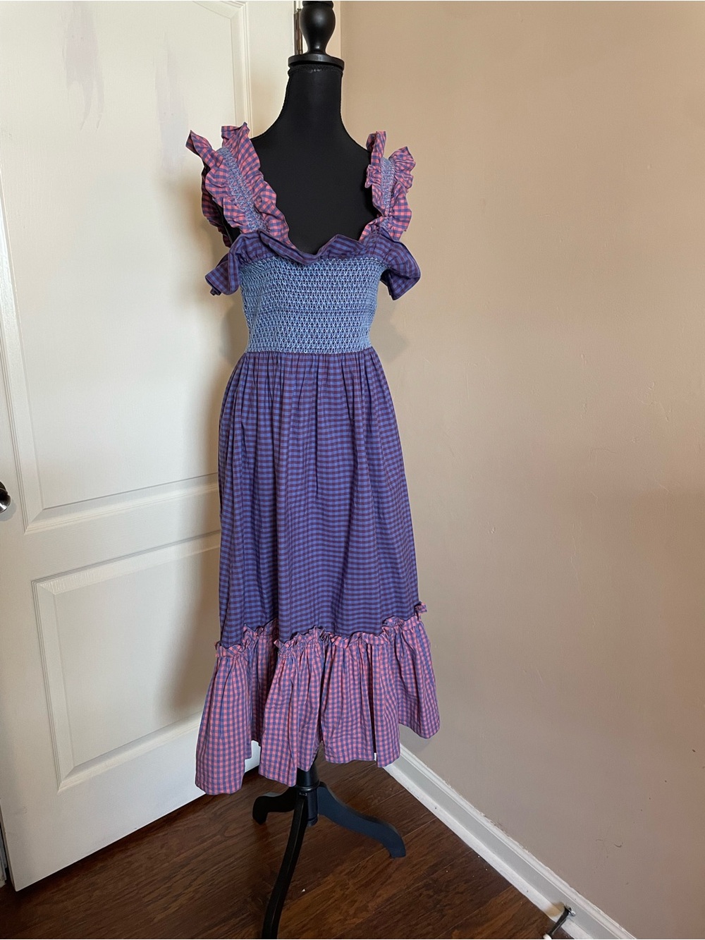 Lindsey Thornburg Queenie Smocked Gingham Midi Dress Handmade NYC Cotton Small - Picture 4 of 10